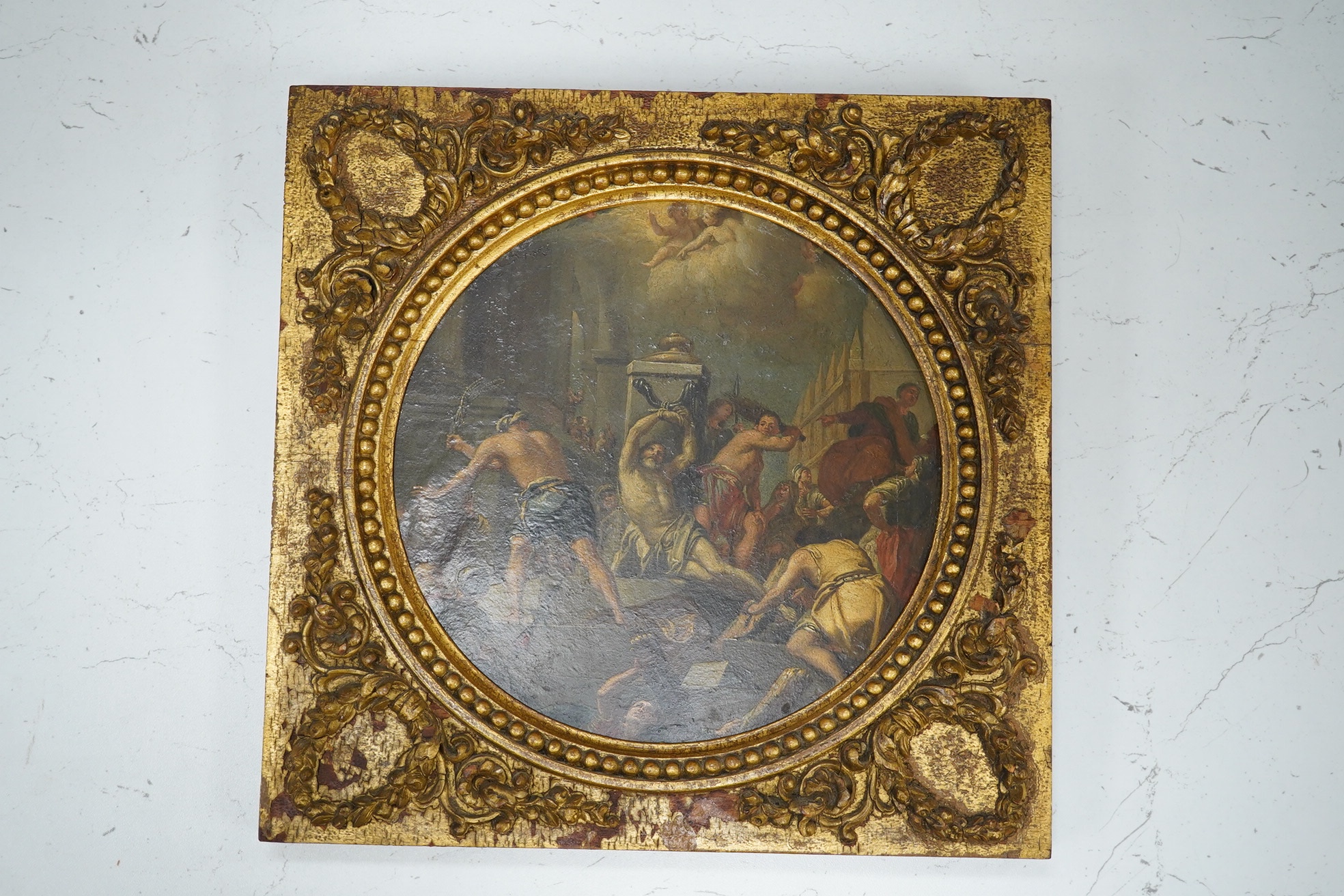 After Domenichino (1581-1641), 18th century, Old Master, tondo oil on copper panel, Religious scene, 18cm diameter, ornate gilt framed. Condition - fair